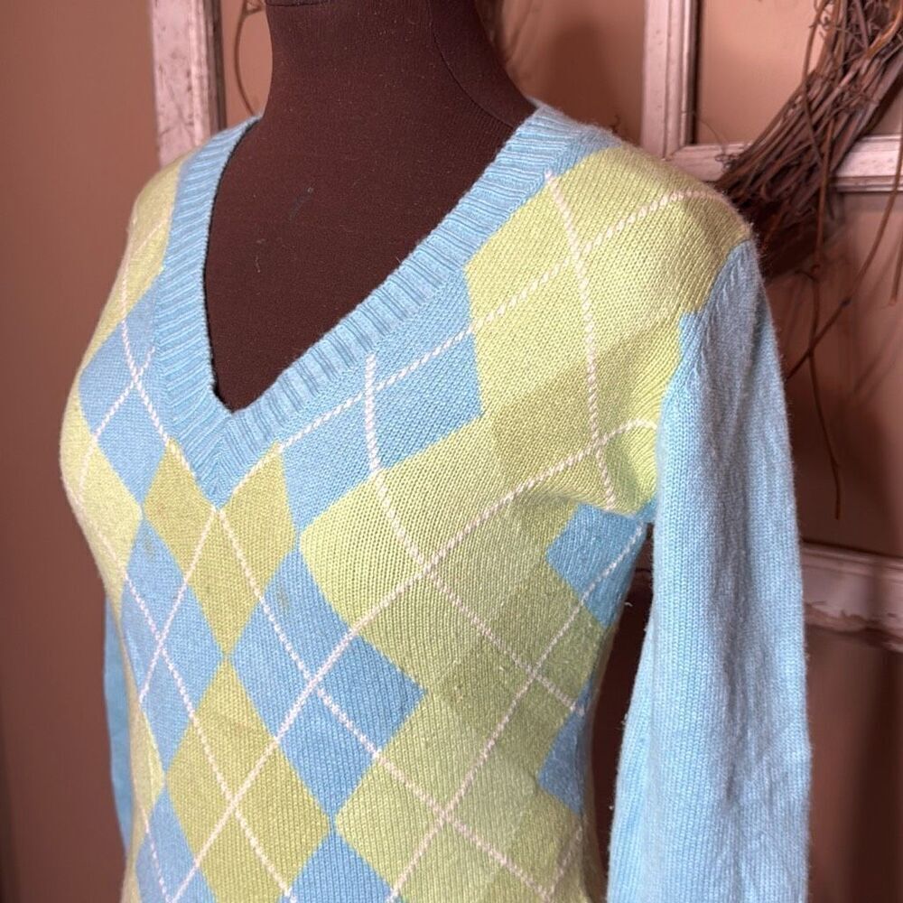 Lilly Pulitzer cashmere spandex argyle sweater size medium blue green small stai - Picture 2 of 9